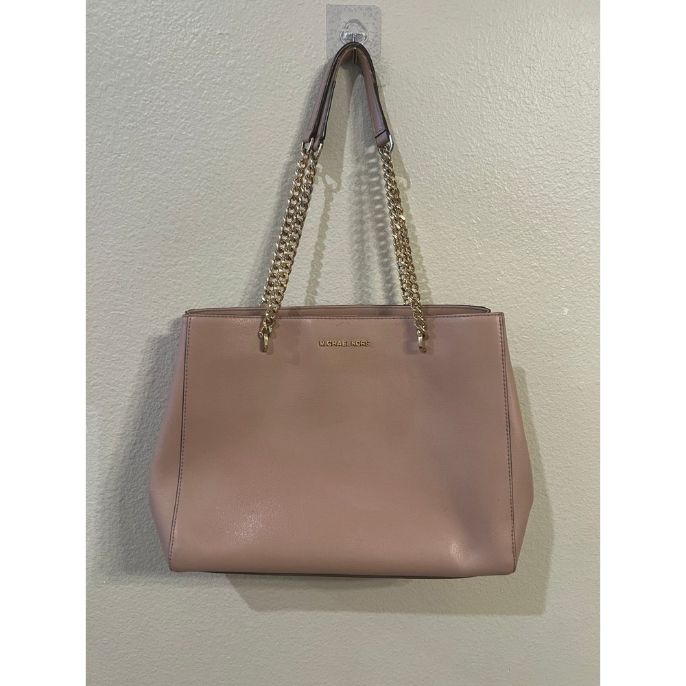 Michael Kors Teagan Large Shoulder Bag Pink Leather‎ Gold Chain Tote Bag